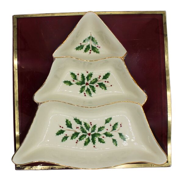 Vintage Lenox Holiday Tree Divided Serving Dish Creamy White with Holly Berries - Picture 1 of 9